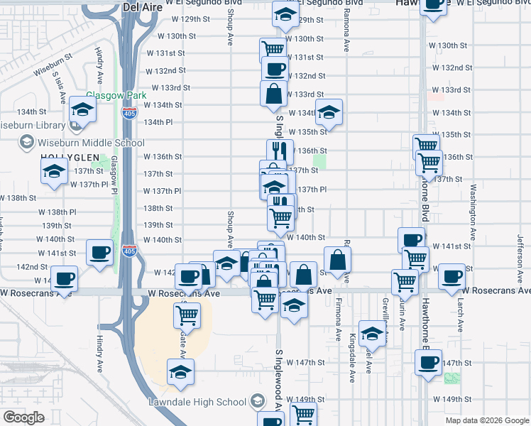 map of restaurants, bars, coffee shops, grocery stores, and more near 4818 138th Street in Hawthorne