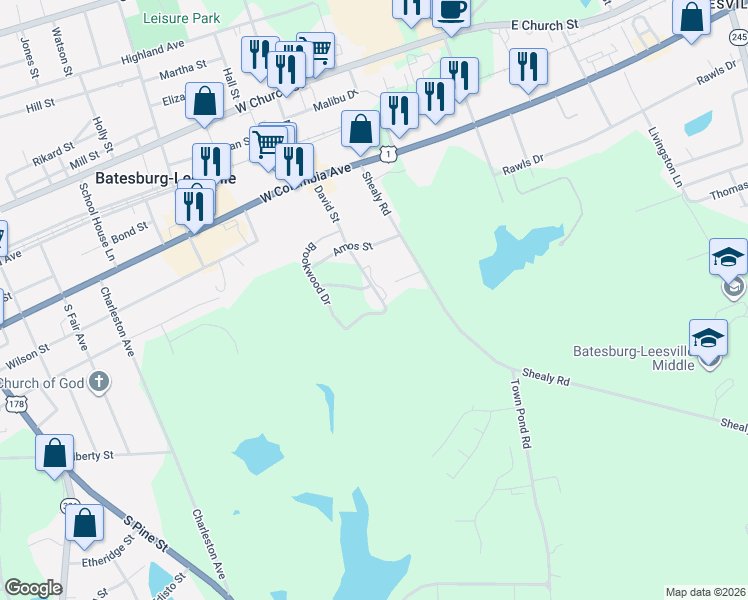 map of restaurants, bars, coffee shops, grocery stores, and more near 146 David Street in Batesburg-Leesville