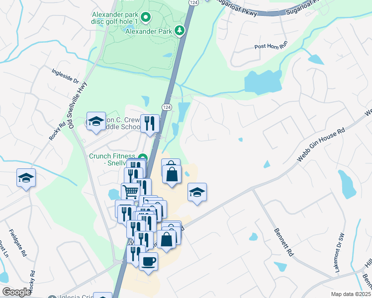 map of restaurants, bars, coffee shops, grocery stores, and more near 1397 Greencrest Court Southwest in Lawrenceville
