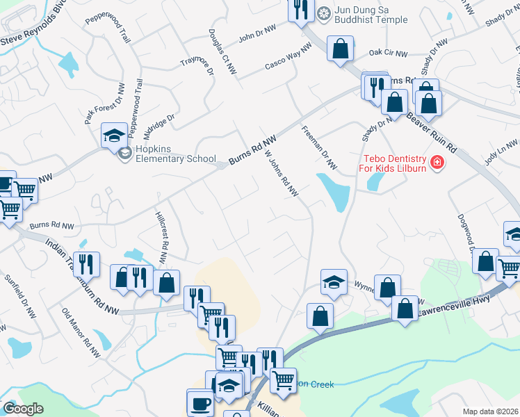 map of restaurants, bars, coffee shops, grocery stores, and more near 677 Cora Court in Lilburn