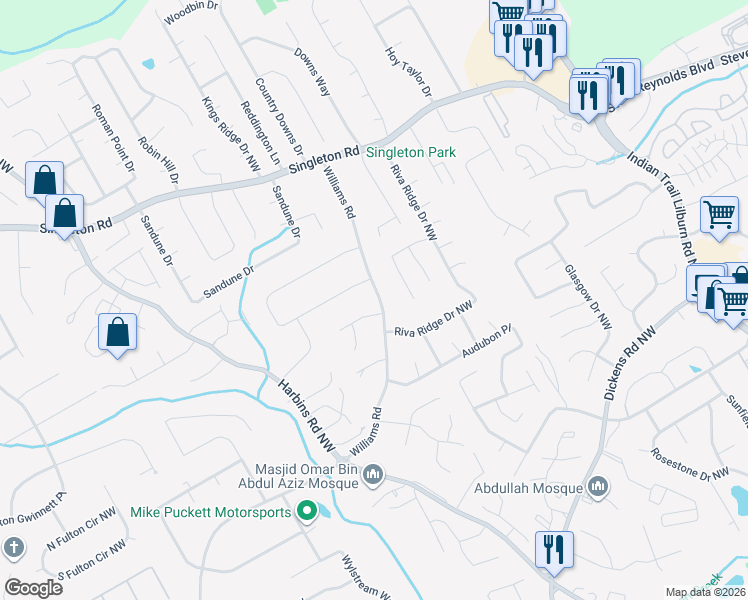 map of restaurants, bars, coffee shops, grocery stores, and more near 5300 Williams Road in Norcross