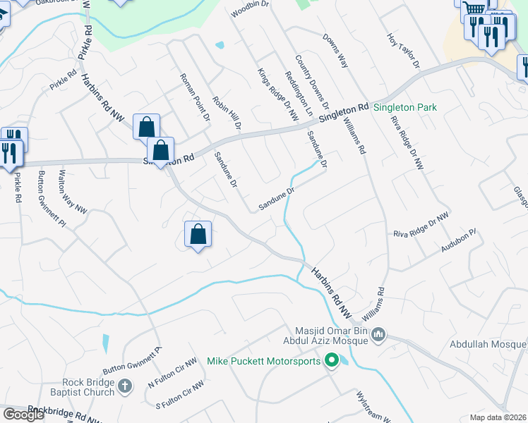 map of restaurants, bars, coffee shops, grocery stores, and more near 1023 Sandune Drive in Norcross