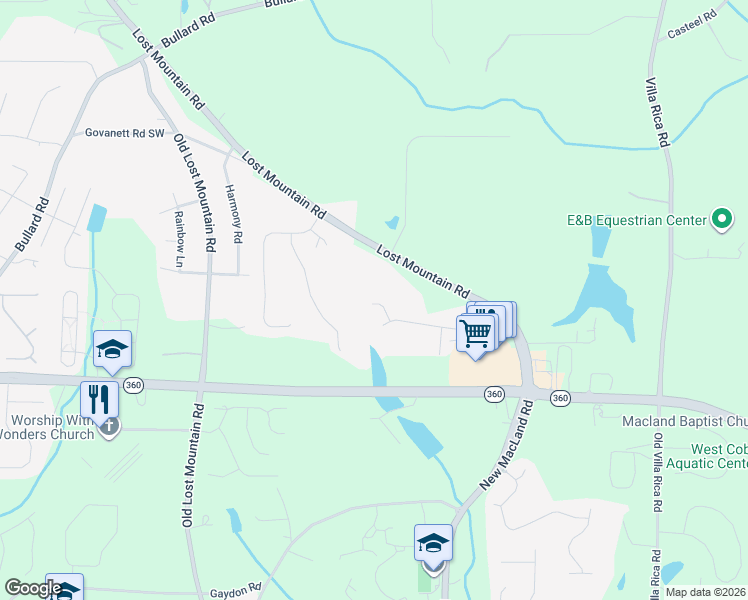 map of restaurants, bars, coffee shops, grocery stores, and more near 1945 Whitman Drive in Powder Springs