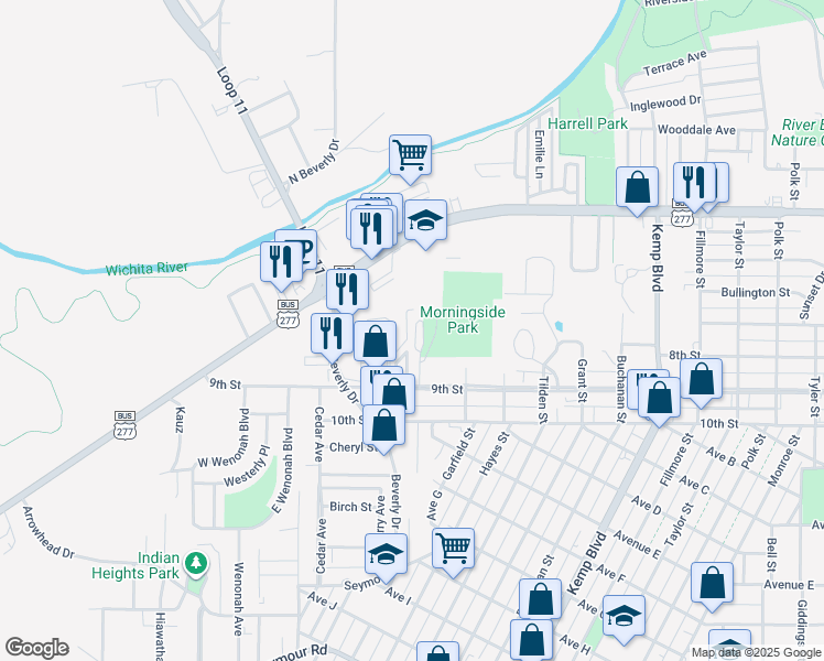 map of restaurants, bars, coffee shops, grocery stores, and more near 236 Kitchings Street in Wichita Falls