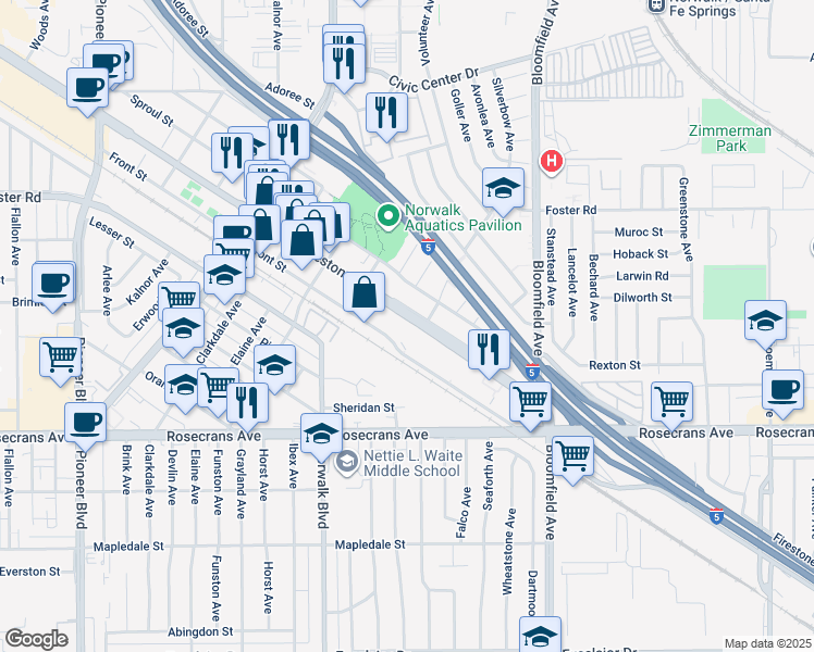 map of restaurants, bars, coffee shops, grocery stores, and more near 12366 Firestone Boulevard in Norwalk
