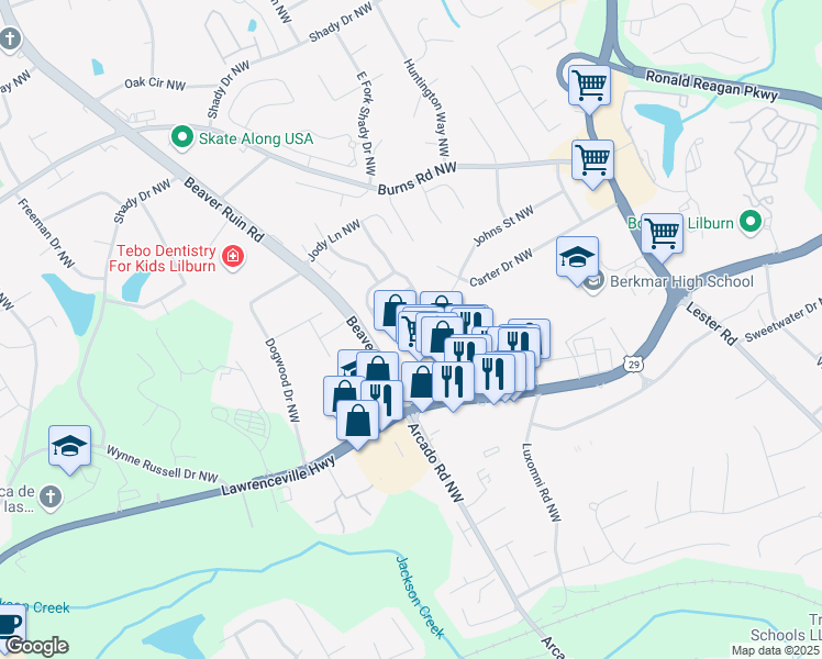 map of restaurants, bars, coffee shops, grocery stores, and more near 460 Beaver Ruin Road in Lilburn