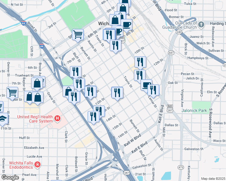 map of restaurants, bars, coffee shops, grocery stores, and more near 1109 Burnett Street in Wichita Falls