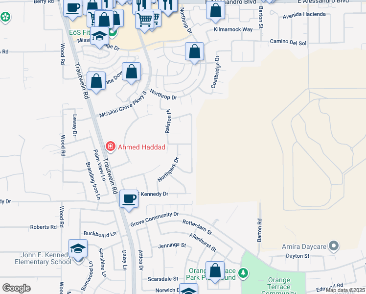 map of restaurants, bars, coffee shops, grocery stores, and more near 19643 Webster Road in Riverside