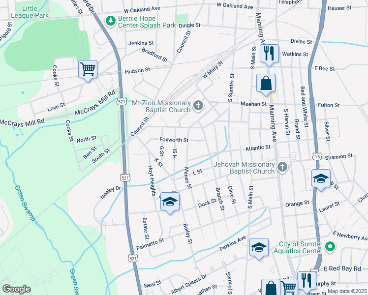 map of restaurants, bars, coffee shops, grocery stores, and more near 103 H Street in Sumter