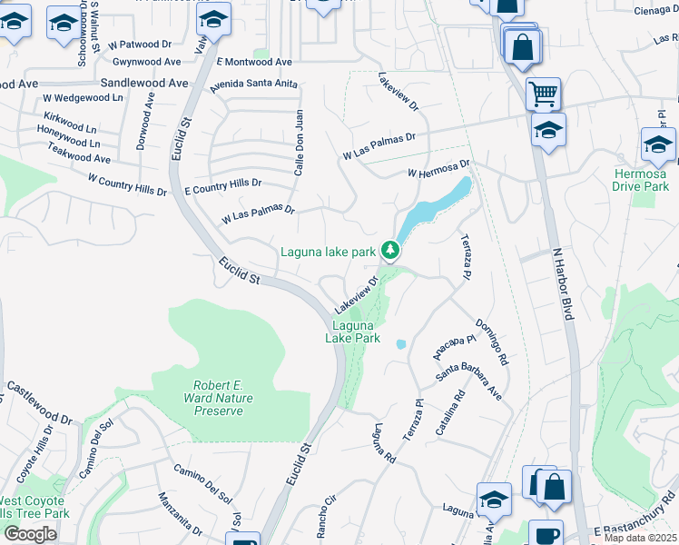 map of restaurants, bars, coffee shops, grocery stores, and more near 2957 Lakeview Way in Fullerton
