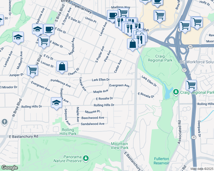 map of restaurants, bars, coffee shops, grocery stores, and more near 3101 Maple Avenue in Fullerton