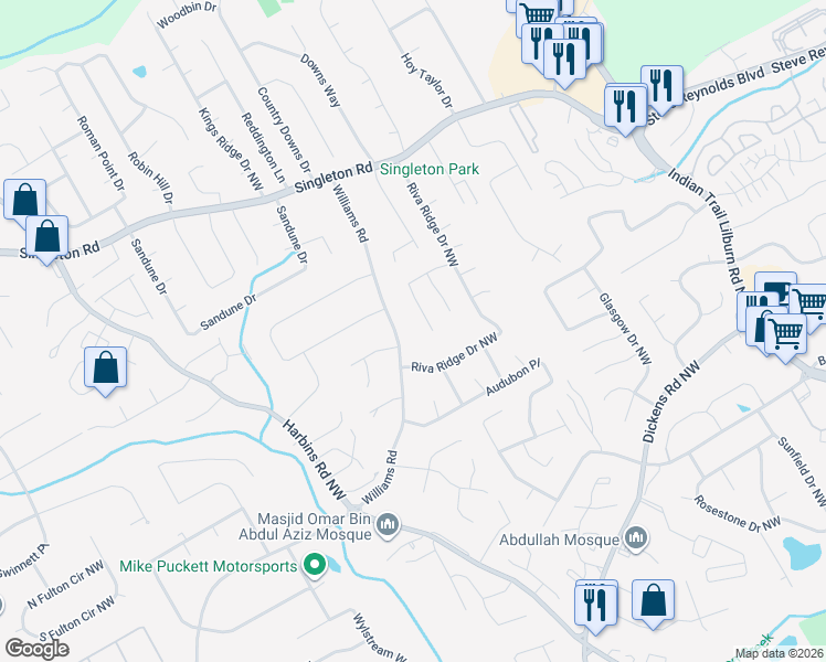 map of restaurants, bars, coffee shops, grocery stores, and more near 5300 Williams Road in Norcross