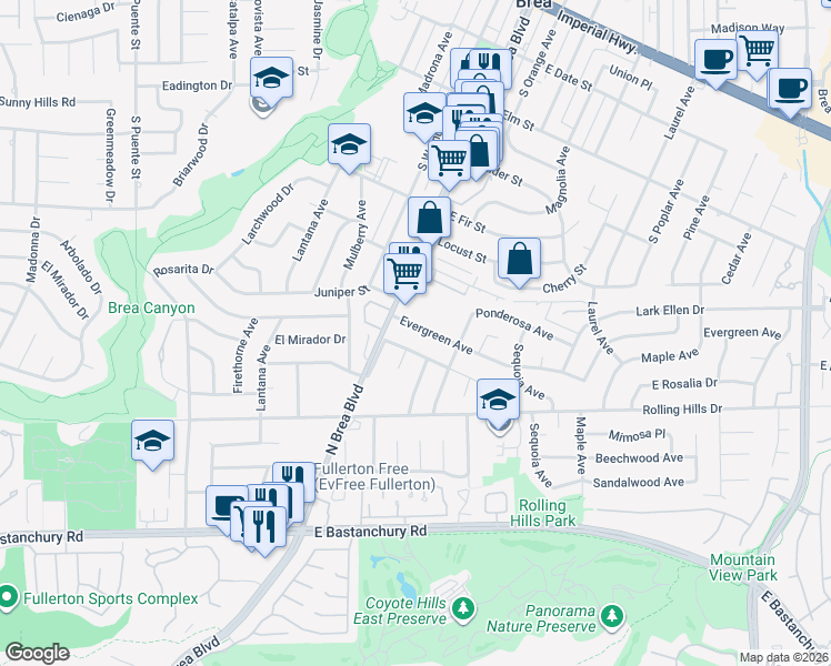 map of restaurants, bars, coffee shops, grocery stores, and more near 1224 Evergreen Avenue in Fullerton