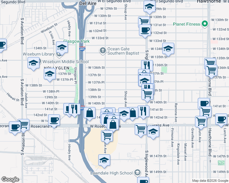 map of restaurants, bars, coffee shops, grocery stores, and more near 5004 138th Street in Hawthorne