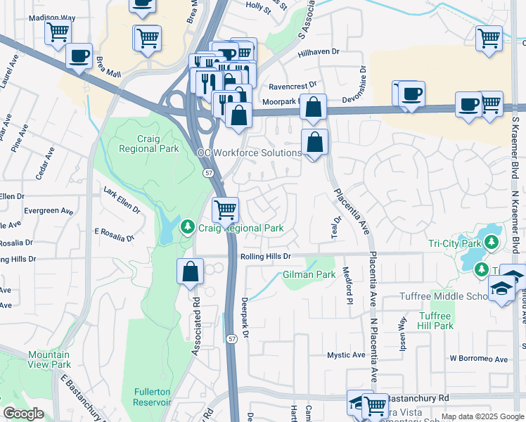 map of restaurants, bars, coffee shops, grocery stores, and more near 2851 Rolling Hills Drive in Fullerton