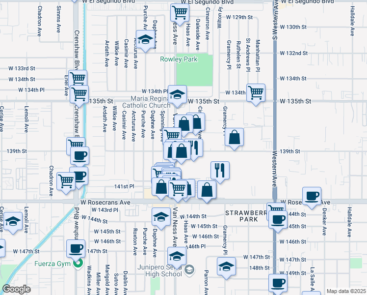 map of restaurants, bars, coffee shops, grocery stores, and more near 13850 Van Ness Avenue in Gardena