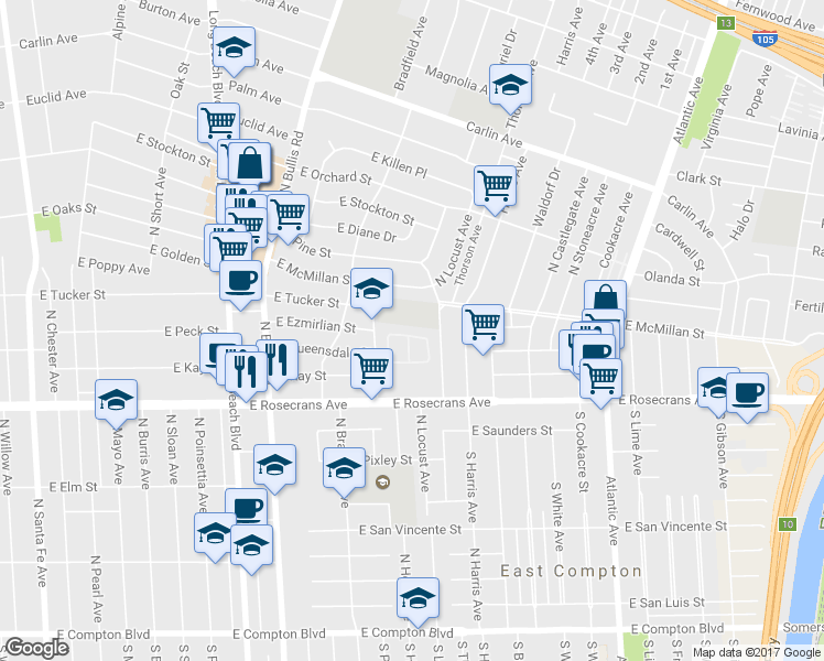 map of restaurants, bars, coffee shops, grocery stores, and more near 1959 Canova Lane in Compton