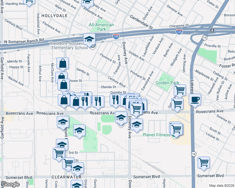 map of restaurants, bars, coffee shops, grocery stores, and more near 8340 Quimby Street in Paramount