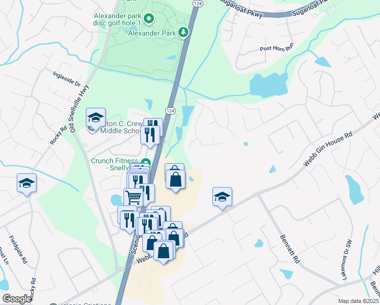 map of restaurants, bars, coffee shops, grocery stores, and more near 1397 Greencrest Court Southwest in Lawrenceville