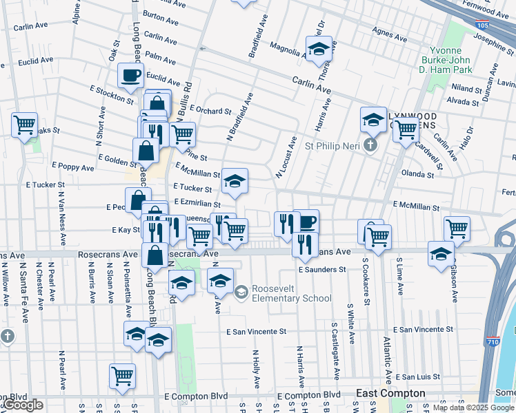 map of restaurants, bars, coffee shops, grocery stores, and more near 1951 Canova Lane in Compton