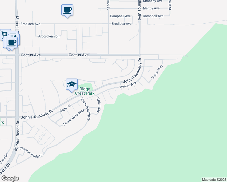 map of restaurants, bars, coffee shops, grocery stores, and more near 14861 Durham Circle in Moreno Valley