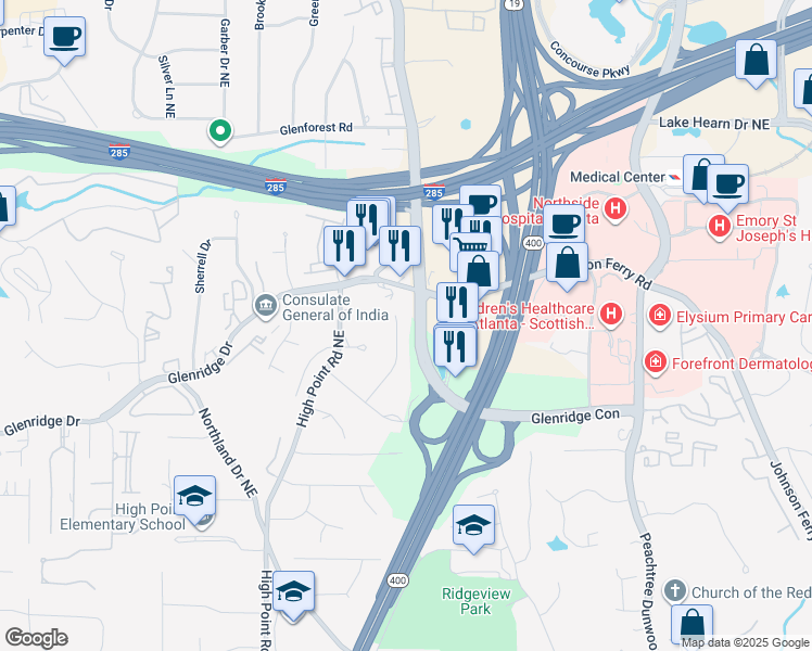 map of restaurants, bars, coffee shops, grocery stores, and more near 5525 Shiver Summit Northeast in Atlanta