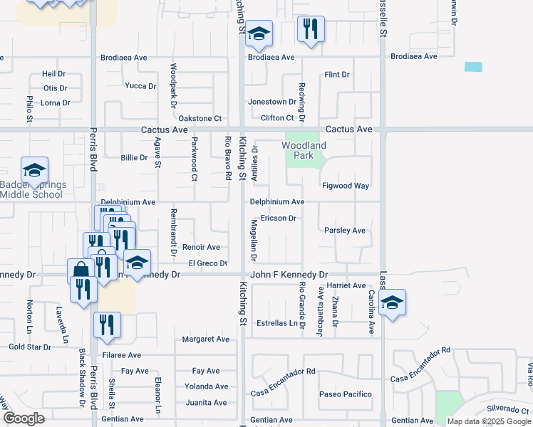 map of restaurants, bars, coffee shops, grocery stores, and more near 25600 Ericson Dr in Moreno Valley