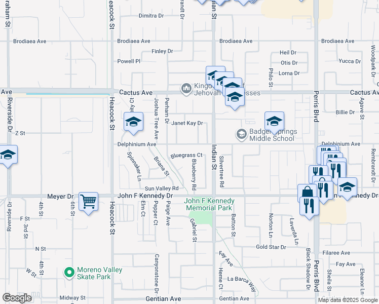 map of restaurants, bars, coffee shops, grocery stores, and more near 24382 Bluegrass Court in Moreno Valley