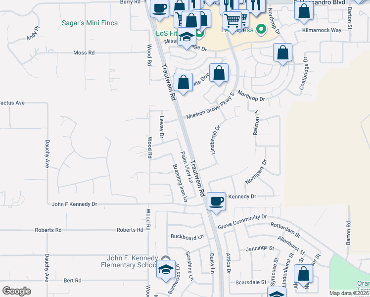map of restaurants, bars, coffee shops, grocery stores, and more near 8034 Palm View Lane in Riverside