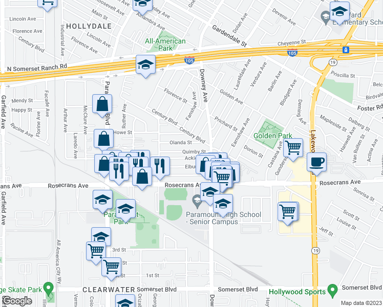 map of restaurants, bars, coffee shops, grocery stores, and more near 8340 Quimby Street in Paramount