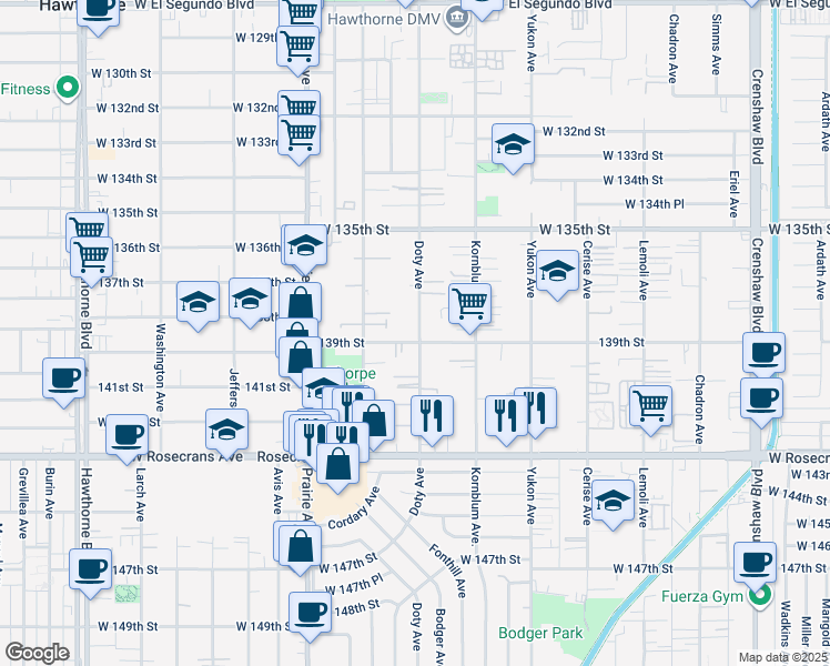 map of restaurants, bars, coffee shops, grocery stores, and more near 13817 Doty Avenue in Hawthorne