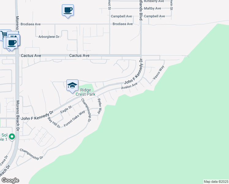 map of restaurants, bars, coffee shops, grocery stores, and more near 14861 Durham Circle in Moreno Valley