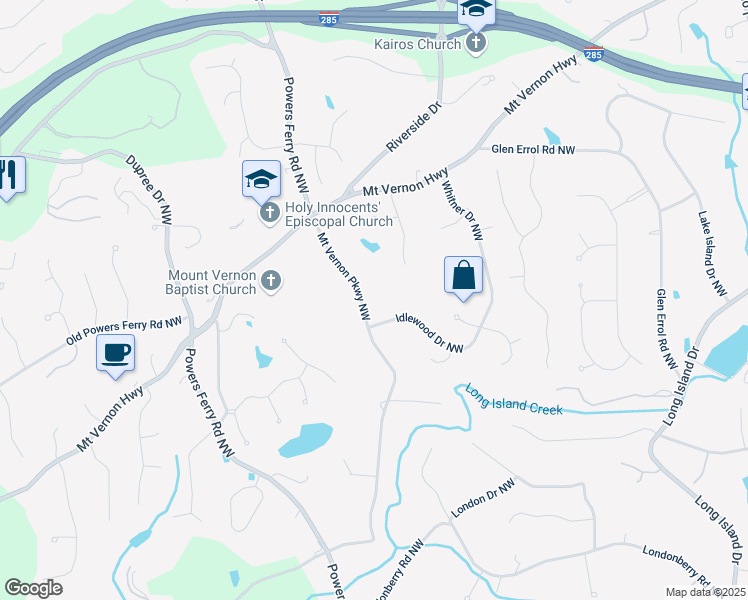 map of restaurants, bars, coffee shops, grocery stores, and more near 5495 Mount Vernon Parkway Northwest in Atlanta