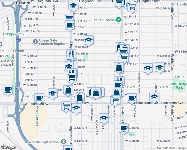 map of restaurants, bars, coffee shops, grocery stores, and more near 4614 138th Street in Hawthorne