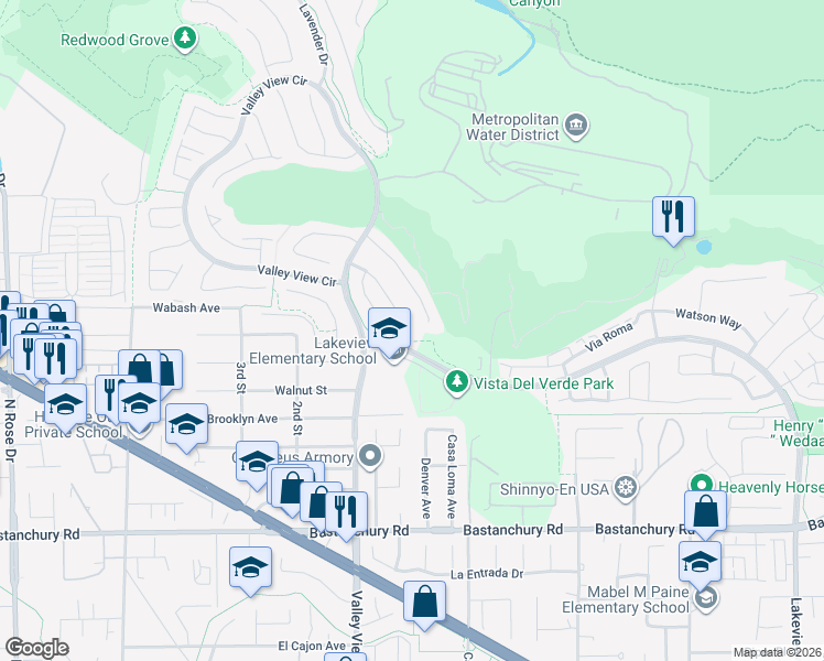 map of restaurants, bars, coffee shops, grocery stores, and more near 17573 Cloverdale Way in Yorba Linda