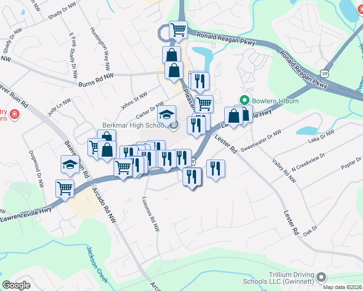 map of restaurants, bars, coffee shops, grocery stores, and more near 3993 Lawrenceville Highway in Lilburn