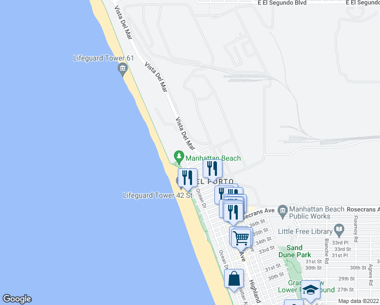 map of restaurants, bars, coffee shops, grocery stores, and more near 601 Vista Del Mar in Manhattan Beach