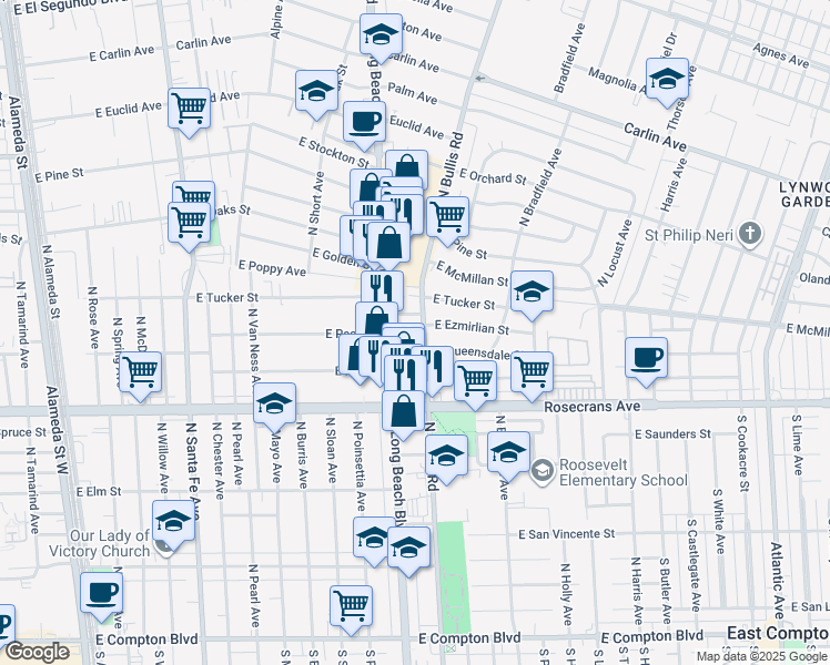 map of restaurants, bars, coffee shops, grocery stores, and more near 1413 North Bullis Road in Compton