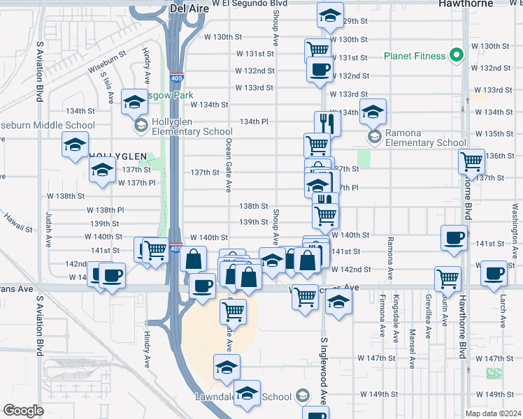 map of restaurants, bars, coffee shops, grocery stores, and more near 4926 138th Street in Hawthorne