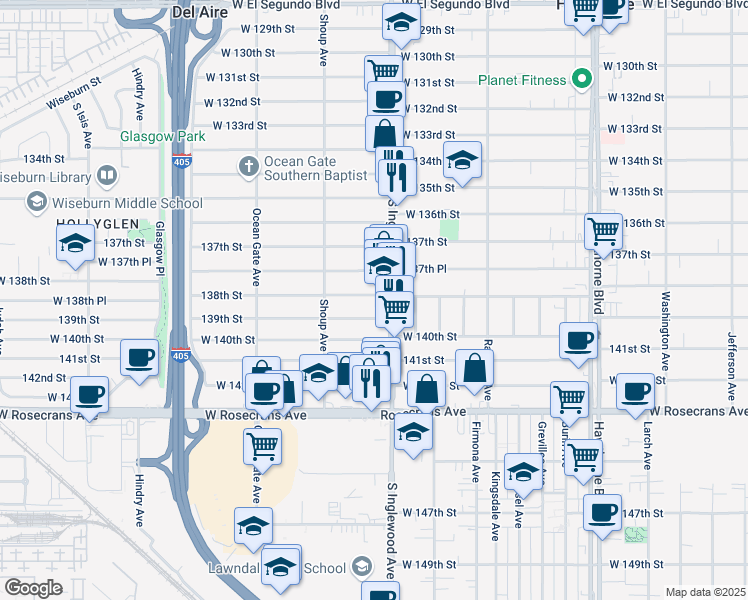 map of restaurants, bars, coffee shops, grocery stores, and more near 4818 138th Street in Hawthorne