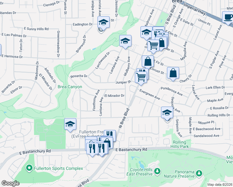 map of restaurants, bars, coffee shops, grocery stores, and more near 1049 El Mirador Drive in Fullerton