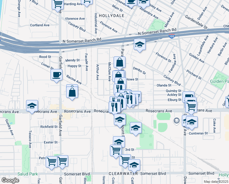 map of restaurants, bars, coffee shops, grocery stores, and more near 14050 McClure Avenue in Paramount