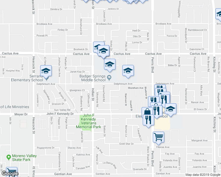 map of restaurants, bars, coffee shops, grocery stores, and more near 14861 Wintergreen Street in Moreno Valley