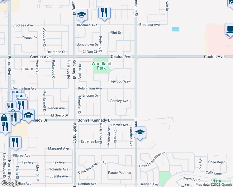 map of restaurants, bars, coffee shops, grocery stores, and more near 14770 Tarragon Way in Moreno Valley