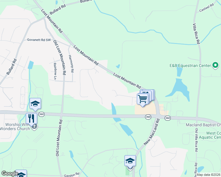 map of restaurants, bars, coffee shops, grocery stores, and more near 1945 Whitman Drive in Powder Springs