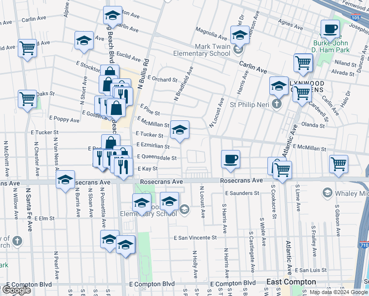 map of restaurants, bars, coffee shops, grocery stores, and more near 1905 East Canova Lane in Compton