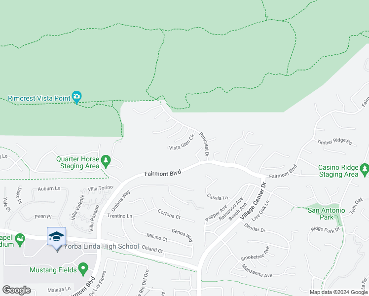 map of restaurants, bars, coffee shops, grocery stores, and more near 3640 Vista Glen Circle in Yorba Linda
