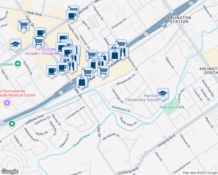 map of restaurants, bars, coffee shops, grocery stores, and more near 3274 Saratoga Street in Riverside