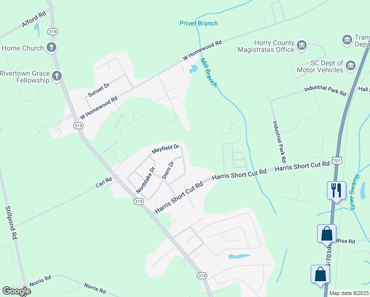 map of restaurants, bars, coffee shops, grocery stores, and more near 3889 Mayfield Drive in Conway