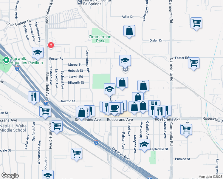 map of restaurants, bars, coffee shops, grocery stores, and more near 13811 Shoemaker Avenue in Norwalk